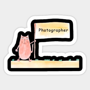 Photographer. Cat is holding a banner with the inscription. Humor, humorous, joke. Text message. Watercolor, humorous funny design. Sticker